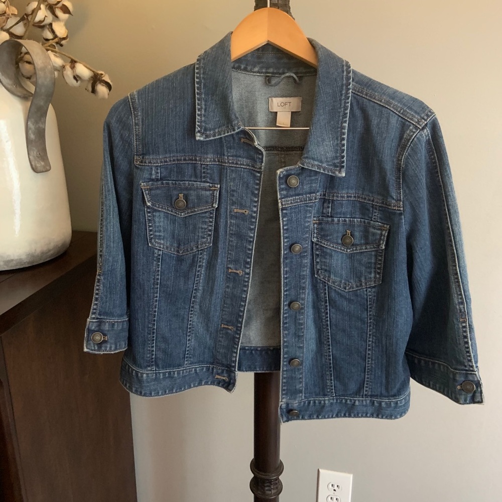 Ann Taylor LOFT Cropped 3/4 Sleeve Denim Jacket L